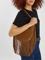 Accessorize Brown Leather Fringe Scoop Shoulder Bag - Image 1 of 3