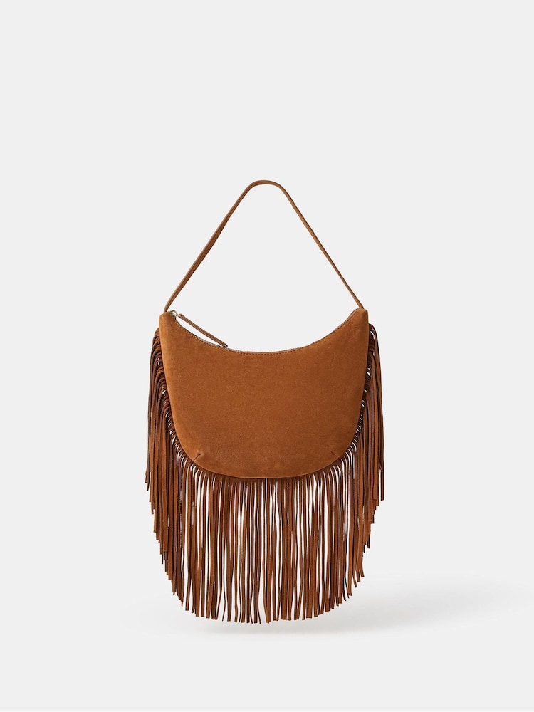 Accessorize Brown Leather Fringe Scoop Shoulder Bag - Image 2 of 3 Accessorize Brown Leather Fringe Scoop Shoulder Bag - Image 2 of 3