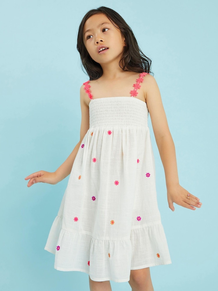 Angels By Accessorize White Girls Floral Embroidered Smocked Dress - Image 1 of 3