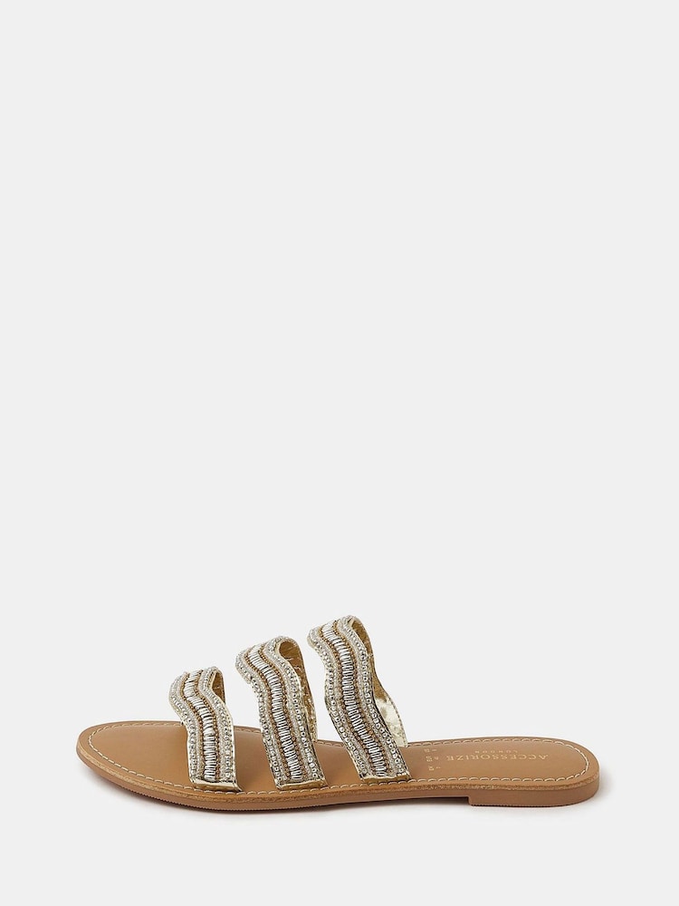 Accessorize Gold Beaded Triple Strap Sandals - Image 2 of 4 Accessorize Gold Beaded Triple Strap Sandals - Image 2 of 4