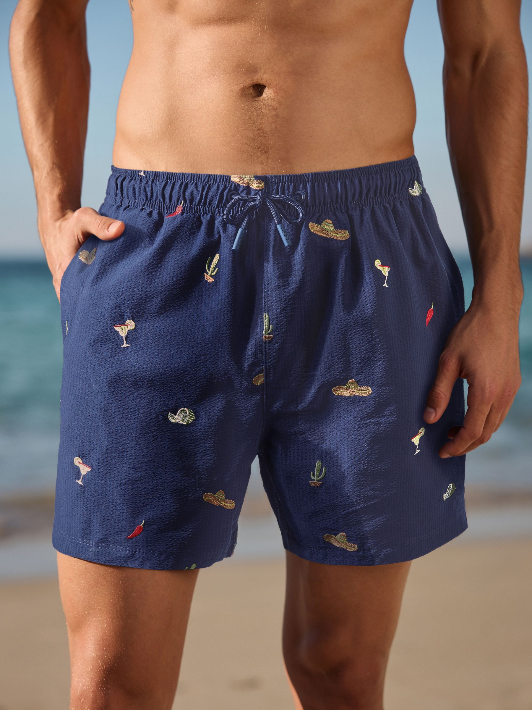 Buy Navy Blue Embroidered Print Textured Swim Shorts from Next USA