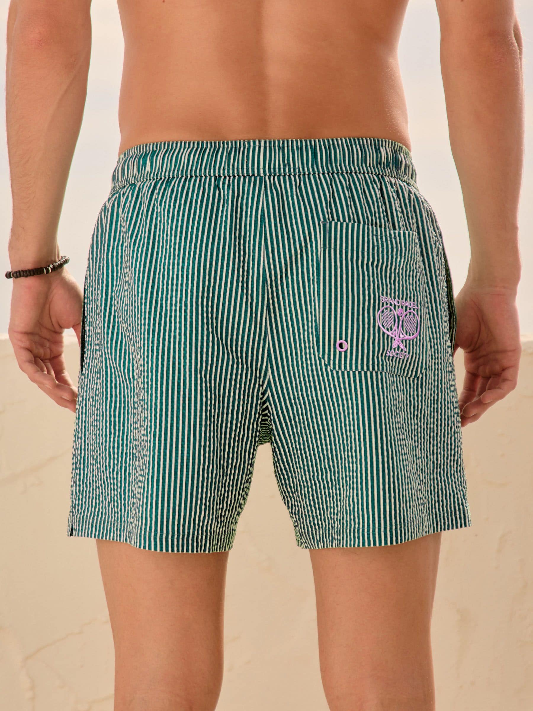 Buy Green Graphic Stripe Seersucker 5 Inch Swim Shorts from the