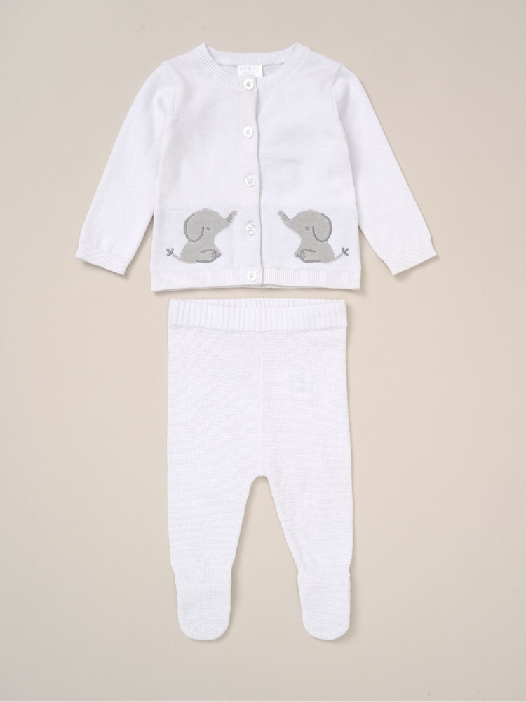 Rock-A-Bye Baby Boutique White True Knit Elephant Cardigan And Trousers Outfit Set - Image 1 of 5 Rock-A-Bye Baby Boutique White True Knit Elephant Cardigan And Trousers Outfit Set - Image 1 of 5