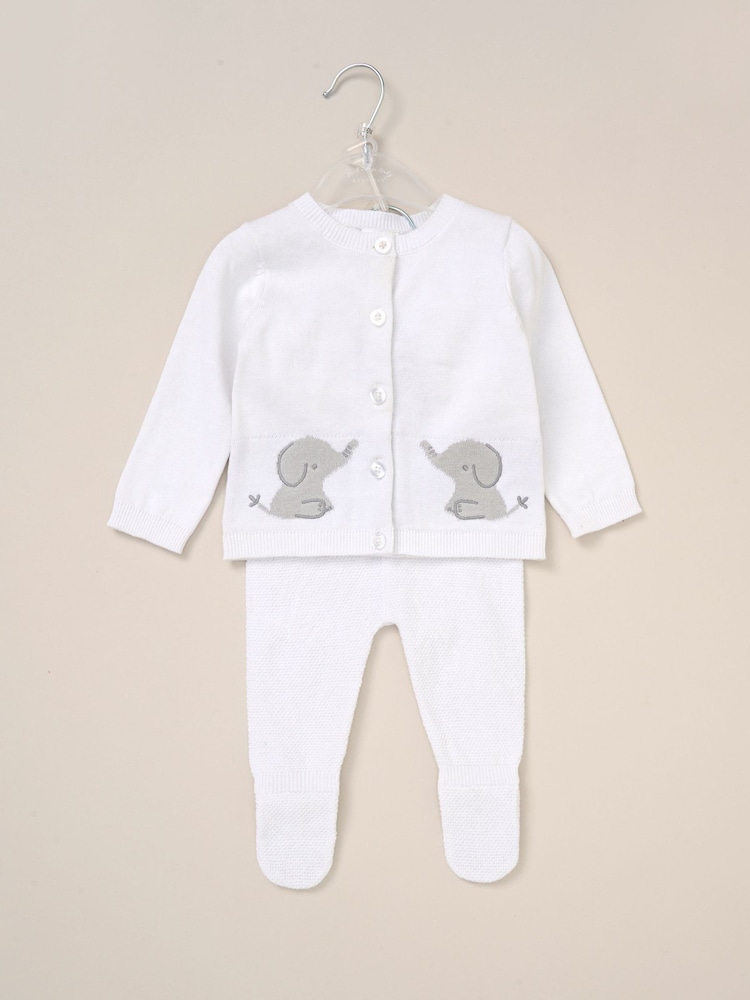 Rock-A-Bye Baby Boutique White True Knit Elephant Cardigan And Trousers Outfit Set - Image 2 of 5 Rock-A-Bye Baby Boutique White True Knit Elephant Cardigan And Trousers Outfit Set - Image 2 of 5