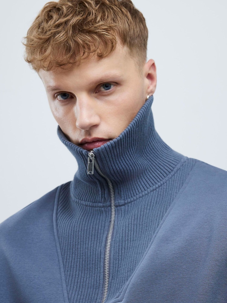 River Island Blue Regular Quarter Zip Rib Funnel Hoodie - Image 4 of 4 River Island Blue Regular Quarter Zip Rib Funnel Hoodie - Image 4 of 4