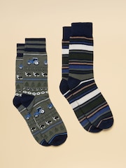 Joules Men's Kingsbury Khaki Fairisle Socks 2 Pack (size 7-12) - Image 1 of 2