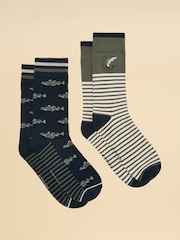 Joules Men's Kingsbury Khaki Fish Socks 2 Pack (size 7-12) - Image 1 of 3