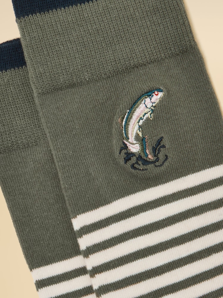 Joules Men's Kingsbury Khaki Fish Socks 2 Pack (size 7-12) - Image 2 of 3 Joules Men's Kingsbury Khaki Fish Socks 2 Pack (size 7-12) - Image 2 of 3