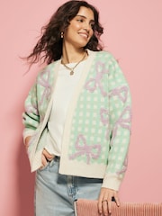 Eleanor Bowmer Green/Purple Wool Blend Gingham Bow Knitted Cardigan - Image 1 of 9