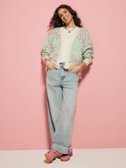 Eleanor Bowmer Green/Purple Wool Blend Gingham Bow Knitted Cardigan - Image 2 of 9