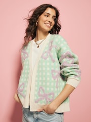 Eleanor Bowmer Green/Purple Wool Blend Gingham Bow Knitted Cardigan - Image 3 of 9