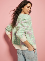 Eleanor Bowmer Green/Purple Wool Blend Gingham Bow Knitted Cardigan - Image 4 of 9