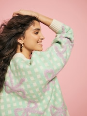 Eleanor Bowmer Green/Purple Wool Blend Gingham Bow Knitted Cardigan - Image 5 of 9