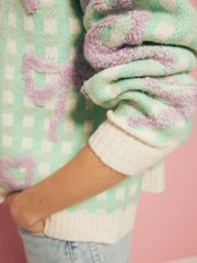 Eleanor Bowmer Green/Purple Wool Blend Gingham Bow Knitted Cardigan - Image 6 of 9