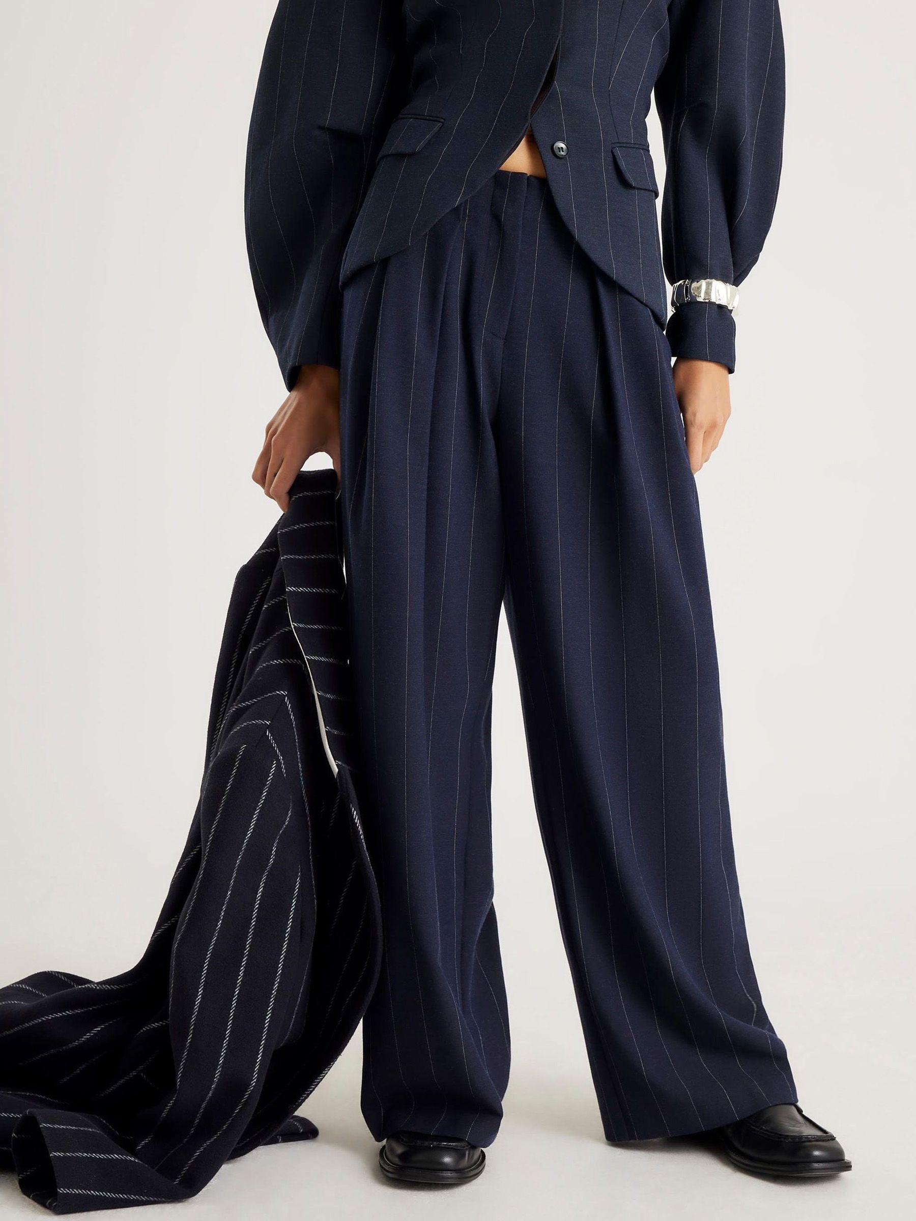 Buy River Island Blue Belted Pinstripe Low Waist Trousers from the