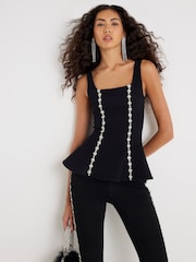 River Island Black Diamante Peplum Top - Image 1 of 4