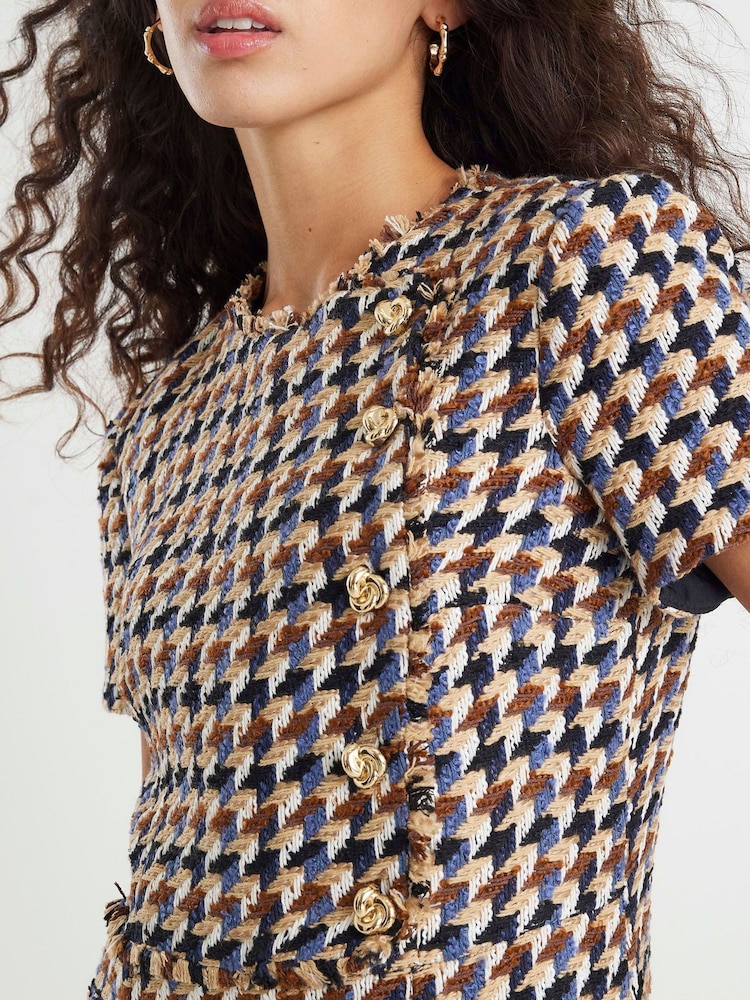 River Island Brown Short Sleeve Boucle Check Mini Dress - Image 4 of 4 River Island Brown Short Sleeve Boucle Check Mini Dress - Image 4 of 4