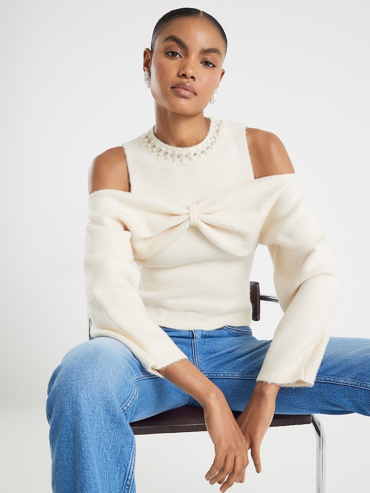River Island Cream Cold Shoulder Bow Top - Image 1 of 4