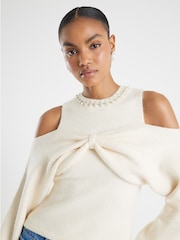 River Island Cream Cold Shoulder Bow Top - Image 4 of 4
