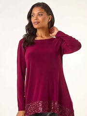 Roman Red Sequin Hem Tunic Stretch Top - Image 2 of 5