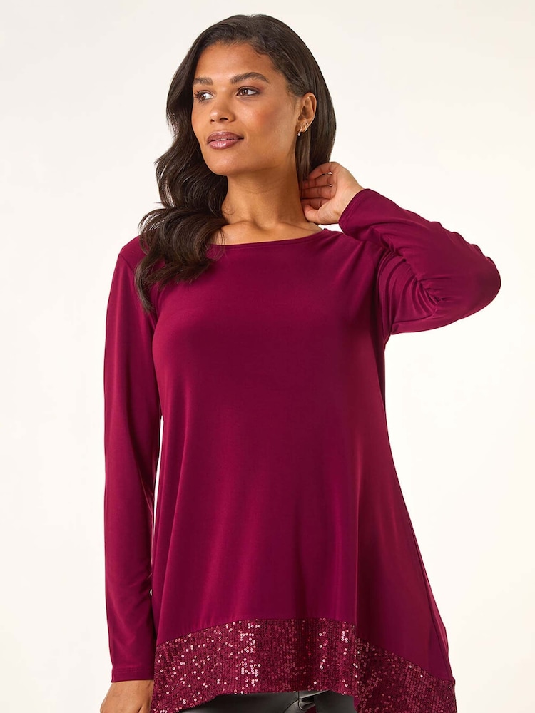 Roman Red Sequin Hem Tunic Stretch Top - Image 2 of 5