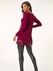 Roman Red Sequin Hem Tunic Stretch Top - Image 3 of 5