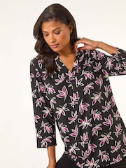 Roman Black Abstract Print V-Neck Stretch Blouse - Image 1 of 5