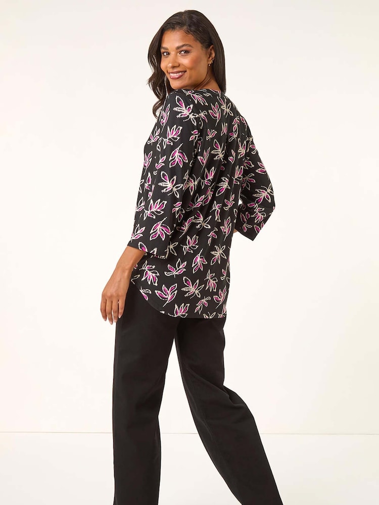 Roman Black Abstract Print V-Neck Stretch Blouse - Image 2 of 5