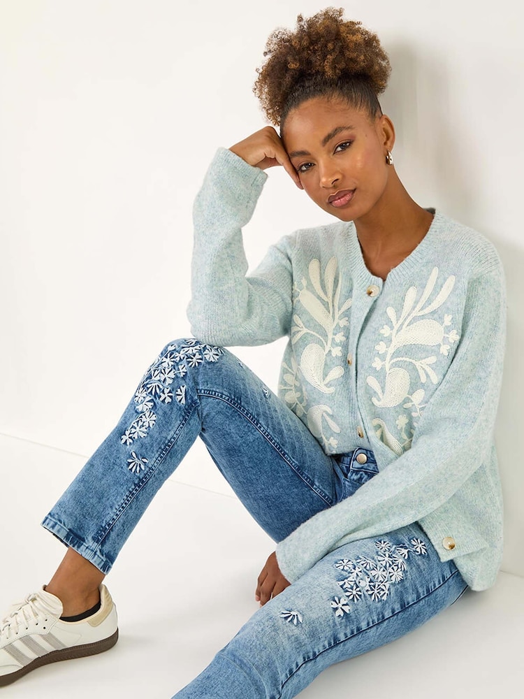 Roman Blue Floral Embroidered Stretch Denim Trousers - Image 1 of 5 Roman Blue Floral Embroidered Stretch Denim Trousers - Image 1 of 5