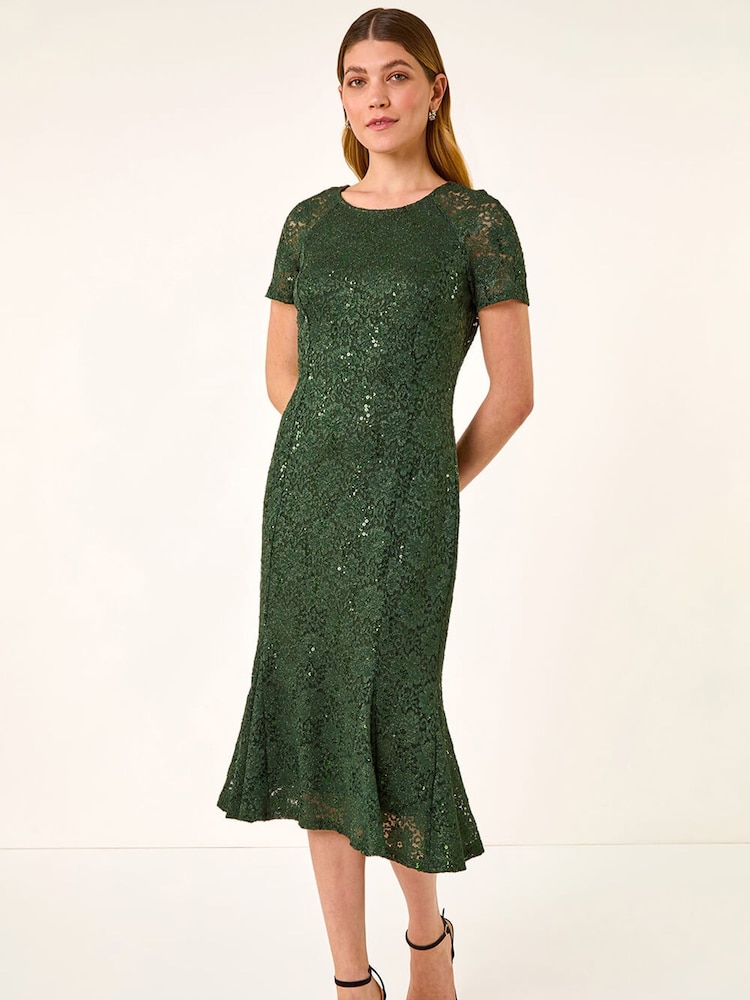 Roman Green Leaf Lace Sequin Midi Dress - Image 2 of 5