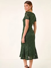 Roman Green Leaf Lace Sequin Midi Dress - Image 3 of 5