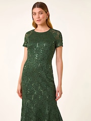 Roman Green Leaf Lace Sequin Midi Dress - Image 4 of 5