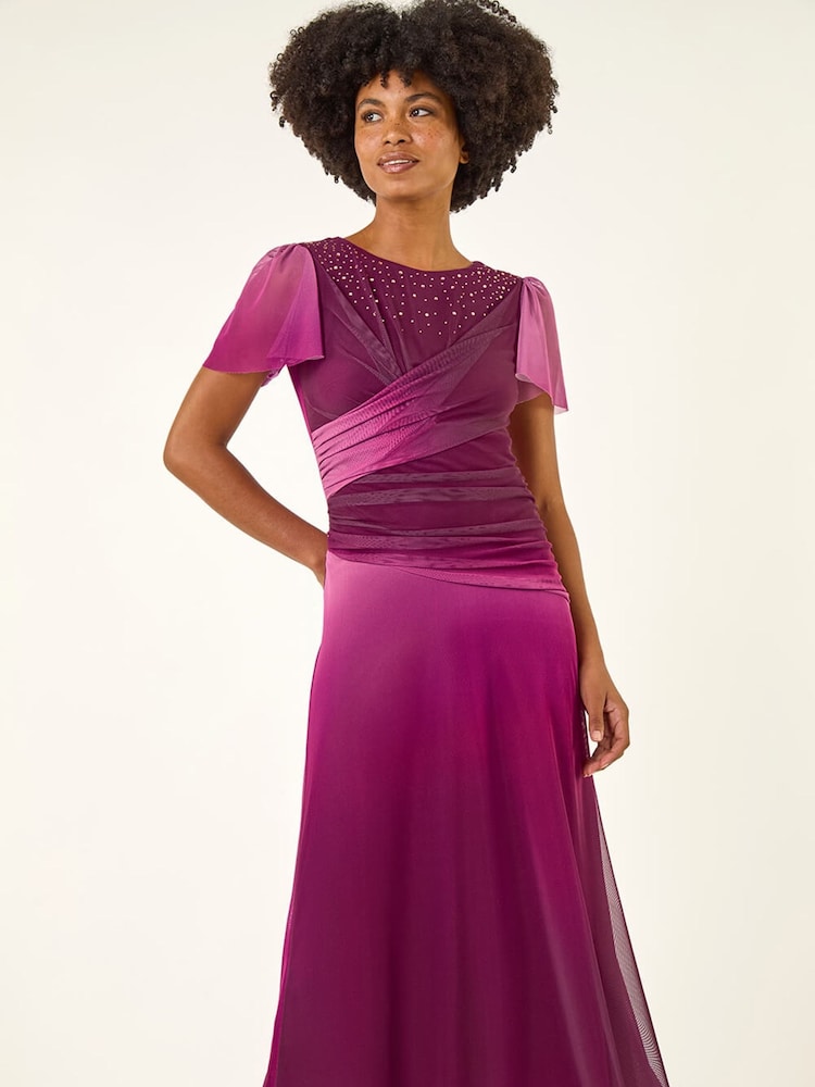 Roman Red Hotfix Ombre Mesh Midi Dress - Image 2 of 5 Roman Red Hotfix Ombre Mesh Midi Dress - Image 2 of 5