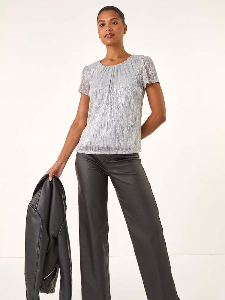 Roman Metallic Sequin Plisse Blouse - Image 1 of 5 Roman Metallic Sequin Plisse Blouse - Image 1 of 5