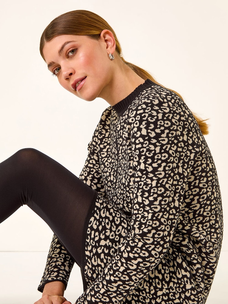 Roman Black Animal Print Knitted Shift Dress - Image 1 of 5 Roman Black Animal Print Knitted Shift Dress - Image 1 of 5