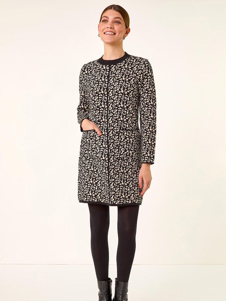 Roman Black Animal Print Knitted Shift Dress - Image 2 of 5 Roman Black Animal Print Knitted Shift Dress - Image 2 of 5