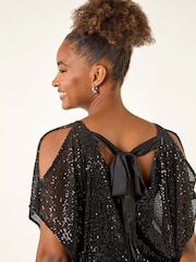 Roman Sequin Mesh Bow Back Blouse - صورة 4 من 5