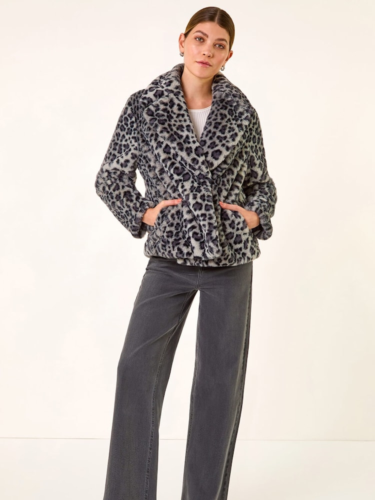 Roman Grey Faux Animal Fur Coat - Image 1 of 5 Roman Grey Faux Animal Fur Coat - Image 1 of 5