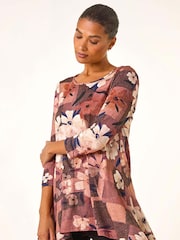 Roman Brown Floral Print Hanky Hem Stretch Shirt - Image 1 of 5