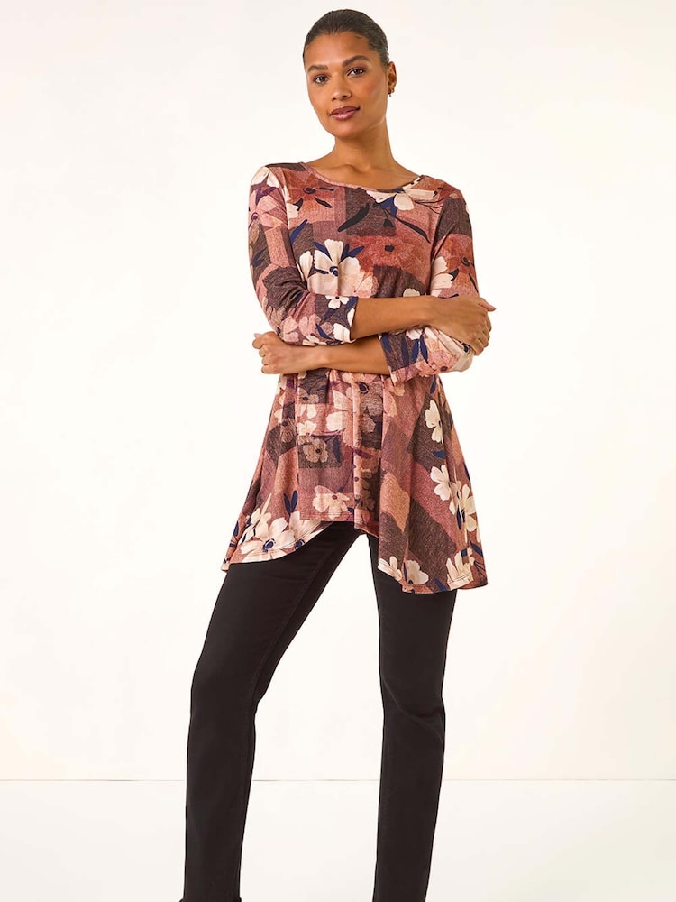 Roman Brown Floral Print Hanky Hem Stretch Shirt - Image 2 of 5