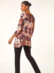 Roman Brown Floral Print Hanky Hem Stretch Shirt - Image 3 of 5