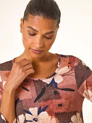 Roman Brown Floral Print Hanky Hem Stretch Shirt - Image 4 of 5