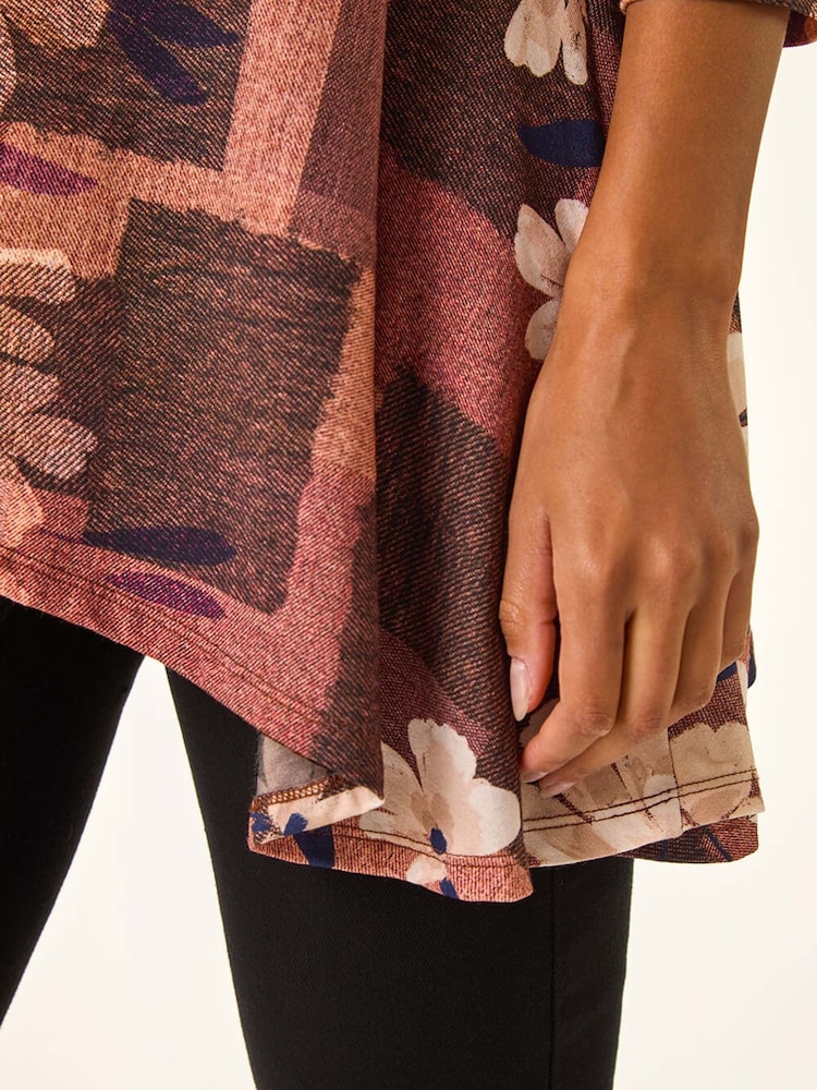 Roman Brown Floral Print Hanky Hem Stretch Shirt - Image 5 of 5