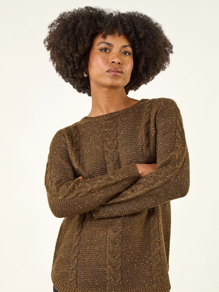 Roman Brown Speckled Cable Knit Jumper - Image 1 of 5