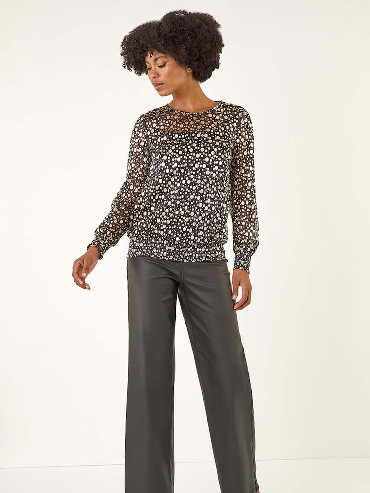 Roman Metallic Spot Print Plisse Shirred Blouse - Image 2 of 5 Roman Metallic Spot Print Plisse Shirred Blouse - Image 2 of 5