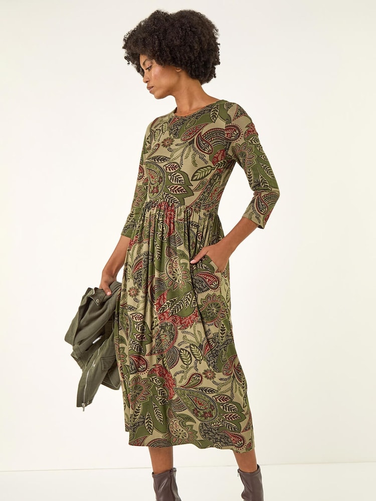 Roman Green Paisley Print Stretch Midi Dress - Image 1 of 5 Roman Green Paisley Print Stretch Midi Dress - Image 1 of 5