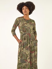 Roman Green Paisley Print Stretch Midi Dress - Image 2 of 5