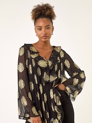 Roman Black Floral Jacquard Frill Buttoned Blouse - Image 1 of 5