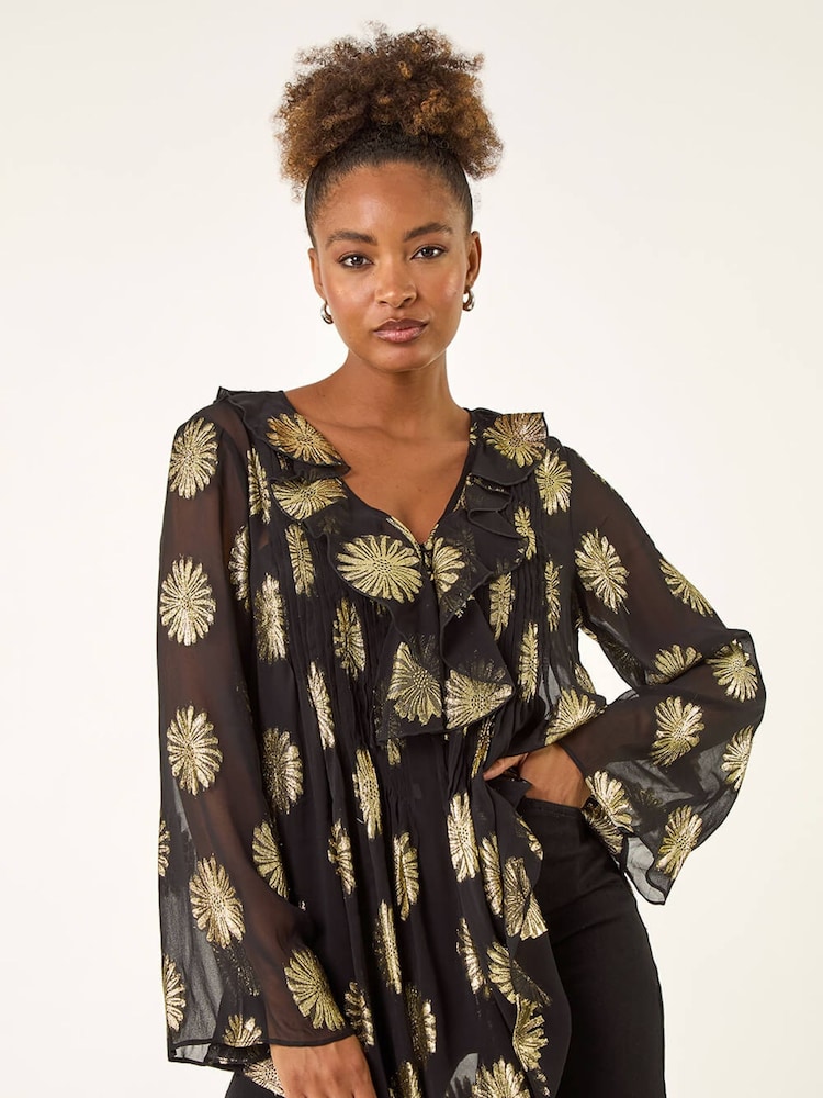 Roman Black Floral Jacquard Frill Buttoned Blouse - Image 1 of 5