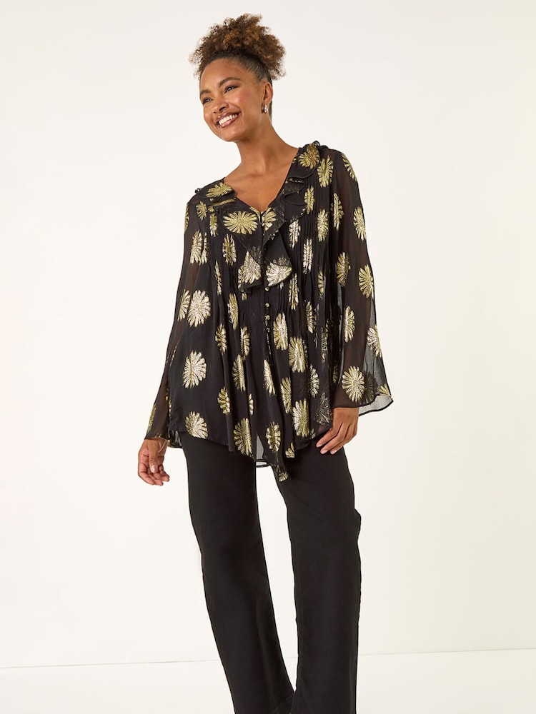 Roman Black Floral Jacquard Frill Buttoned Blouse - Image 2 of 5